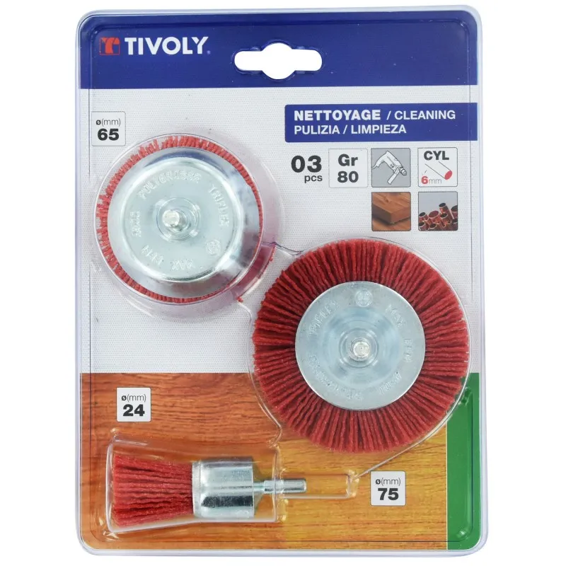 KIT 1 BROSSE COUPE Ø75MM + 1 BROSSE CIRCULAIRE Ø75MM + 1 BROSSE PINCEAU Ø22MM - TIVOLY