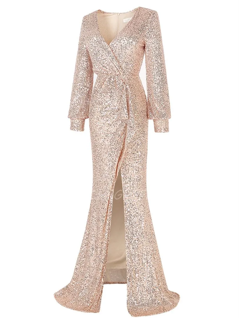 Robe De Soirée Paillette Rose Gold Manche Longue Fendue Sur Le Coté