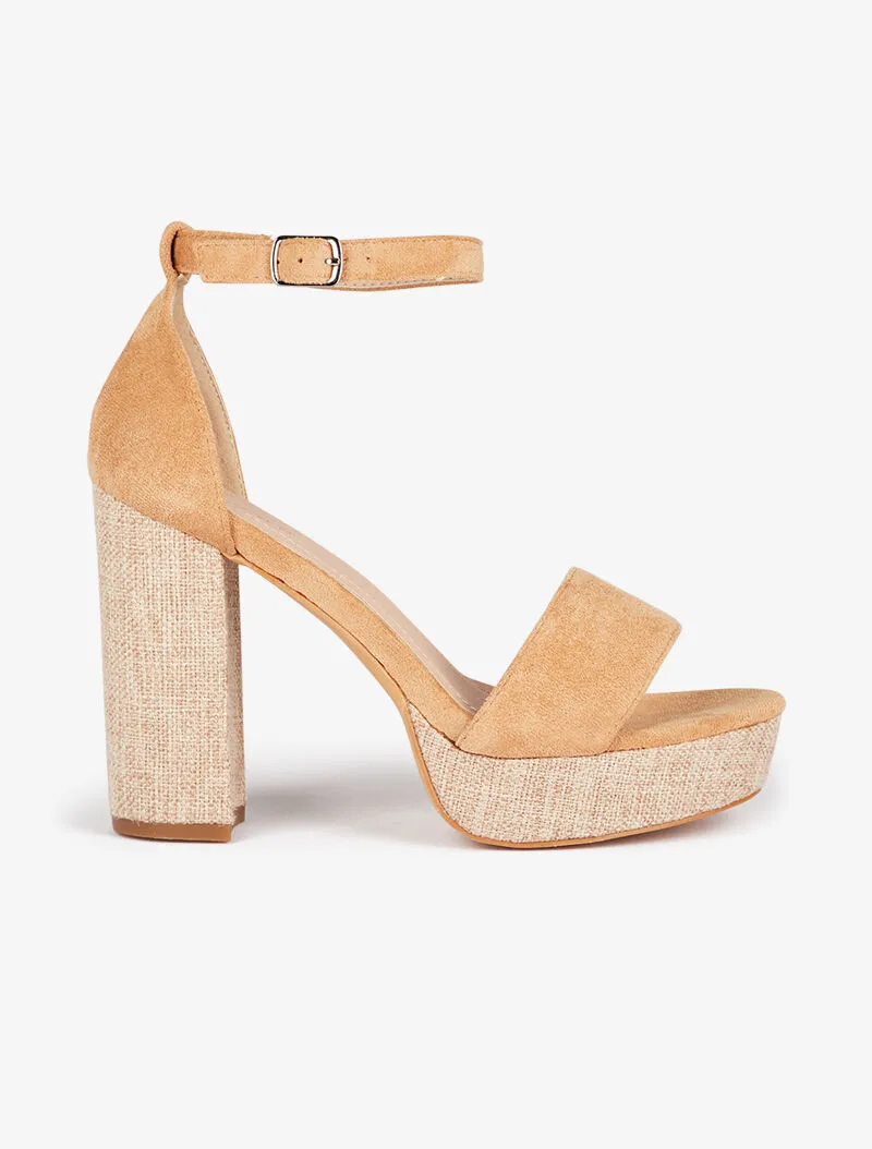 Sandales à talon et bride effet toile - camel
